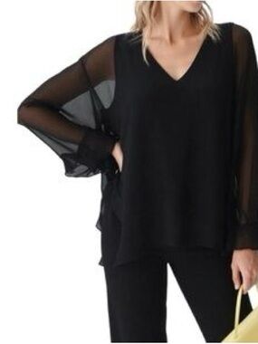 Zara Sheer Black V-Neck 3/4 Sleeve Blouse, Medium